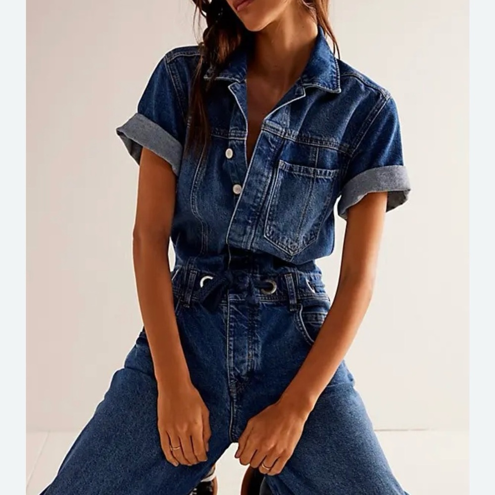 Free People Dark Blue Denim Wide Leg Jumpsuit